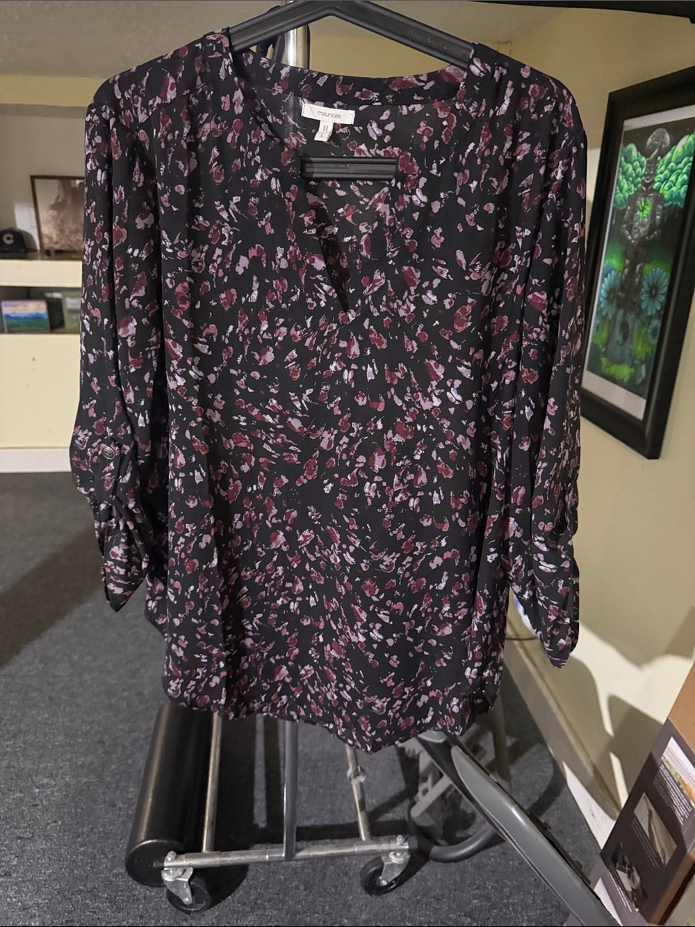 Maurices Black Floral Split-Neck Blouse with Pink Accents